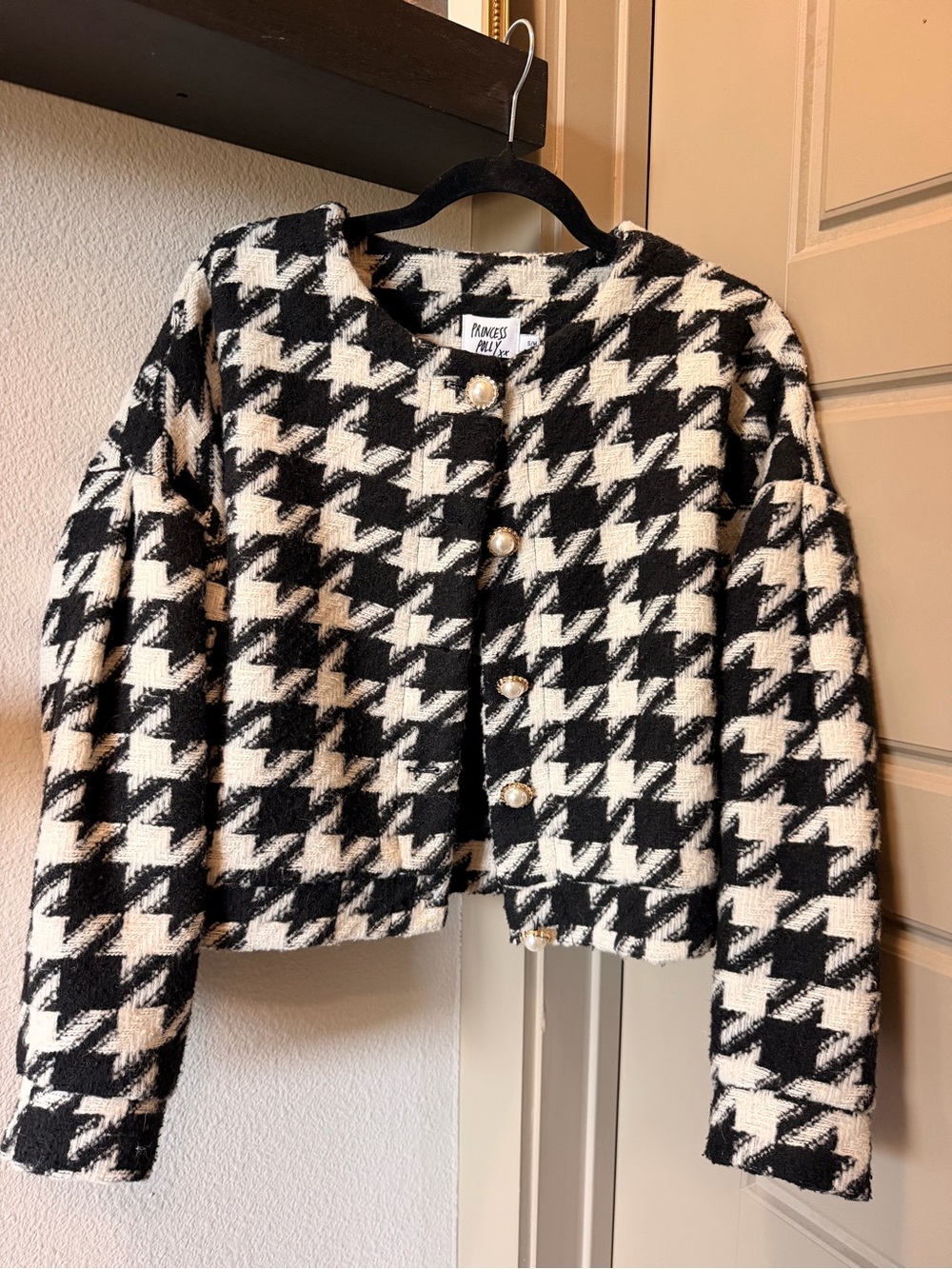 Princess Polly Textured Houndstooth Cropped Jacket - Black & White